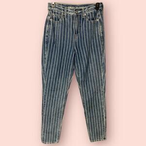American Eagle MOM JEANS Womens 0 XS Blue White STRIPED Denim HIGH RISE 28x29